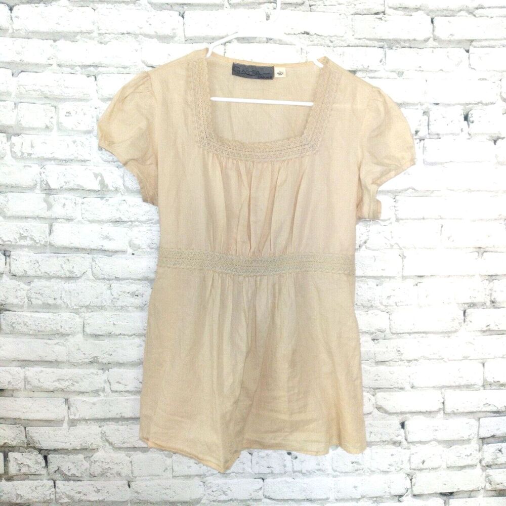 Gaviota Casuals Tunic Blouse Women Large Ivory Tie Back Crochet Boho Prairie Y2K